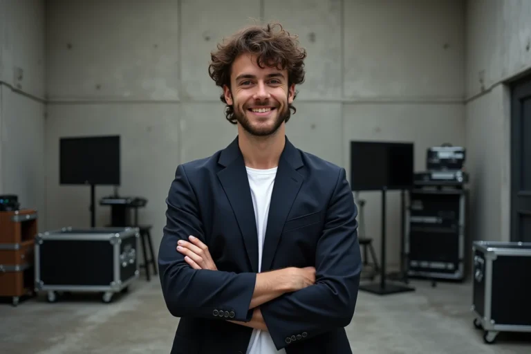 Jeune acteur européen aux cheveux bouclés en coulisses d'un tournage professionnel, illustrant le parcours de Josha Stradowski