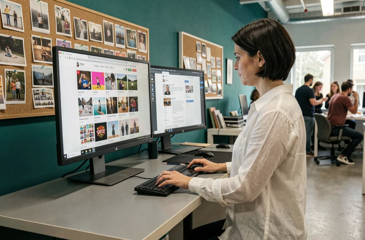 Femme dans une agence créative sélectionnant des gifs animés sur un site de téléchargement pour illustrer des contenus