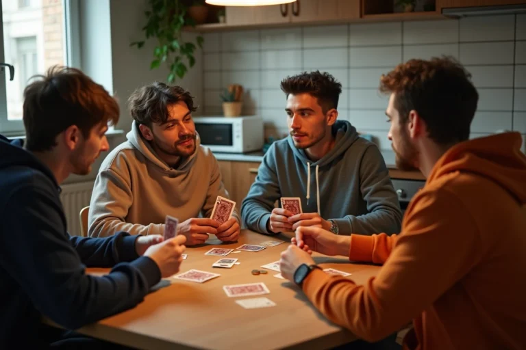 Quatre amis adultes jouant aux kems autour d'une table en bois dans une cuisine, tenant des cartes à jouer avec des expressions concentrées