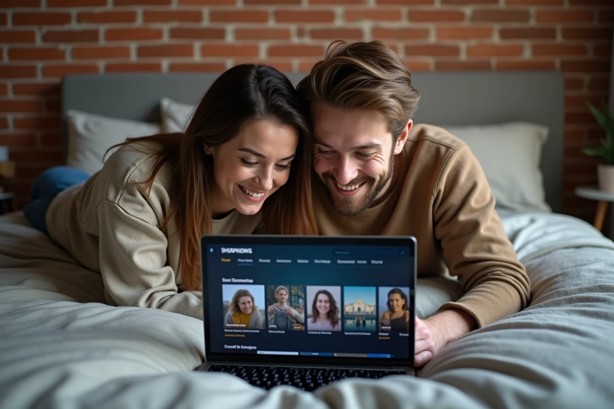 Dois amigos assistindo juntos a uma plataforma de streaming em um laptop em um quarto