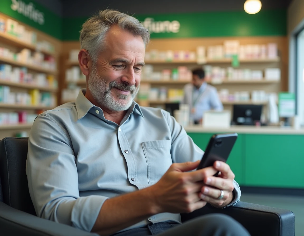 Assuré Matmut Ociane consultant ses remboursements santé sur smartphone dans une pharmacie