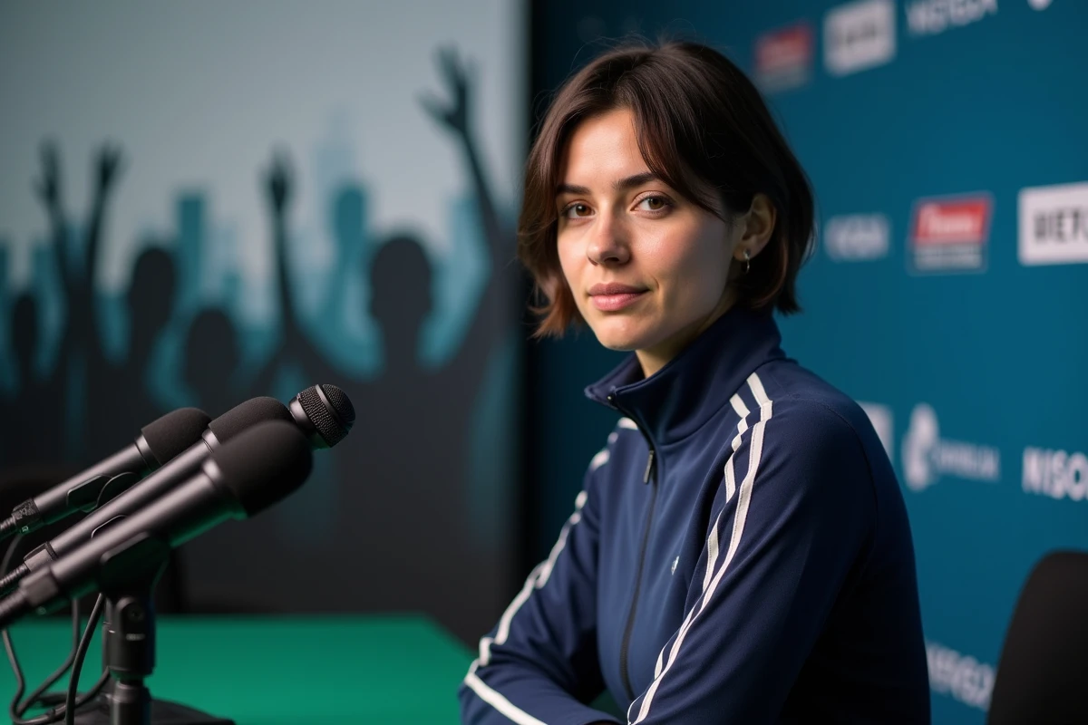 Vrouwelijke atleet tijdens een persconferentie, belichamend de grote figuren van de hedendaagse wereldsport