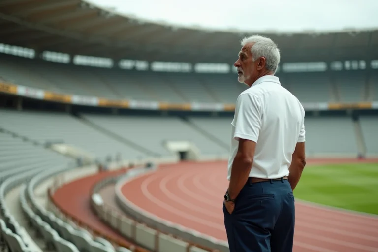 Ancien athlète olympique contemplant un stade vide, symbole des grandes figures du sport mondial