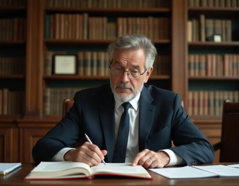 Avocat dans son cabinet étudiant des documents juridiques liés à l'article 16 du code de procédure civile