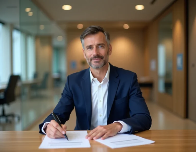 Banquier professionnel consultant des documents bancaires dans une agence française moderne, illustrant le code banque 30003