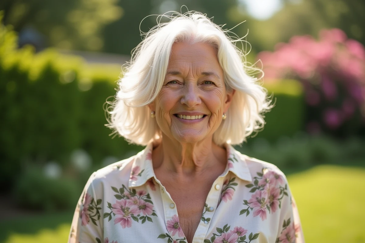 Femme de 70 ans avec un carré court flou et aérien dans un jardin verdoyant