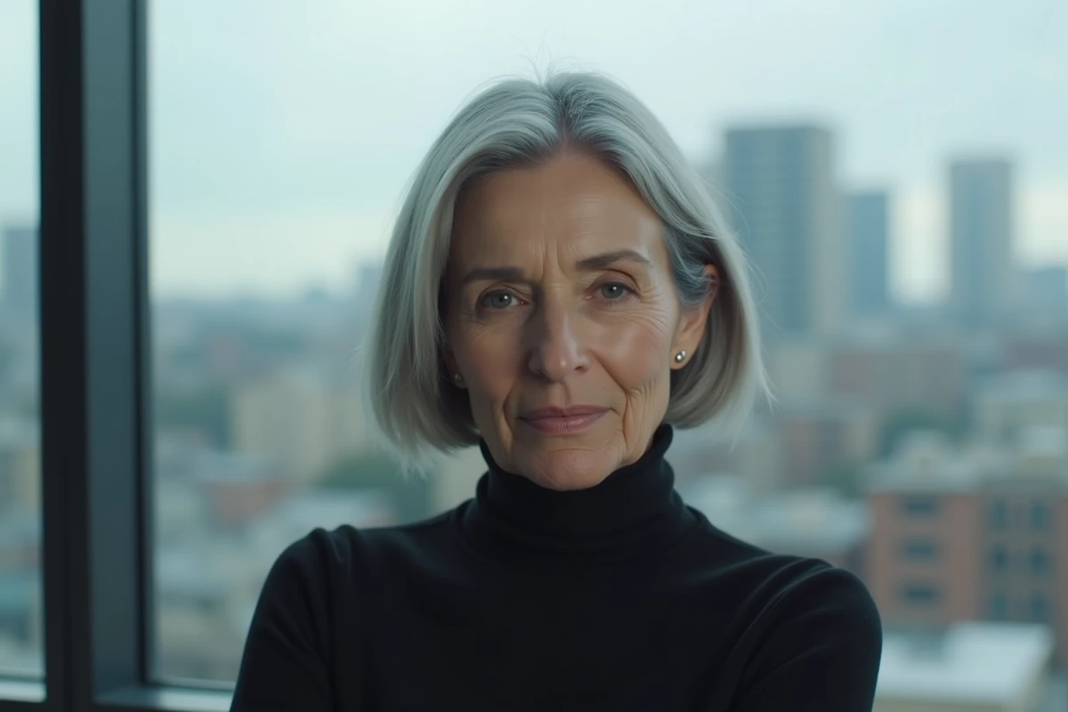 Femme de 70 ans avec un carré plongeant court et élégant devant une fenêtre urbaine