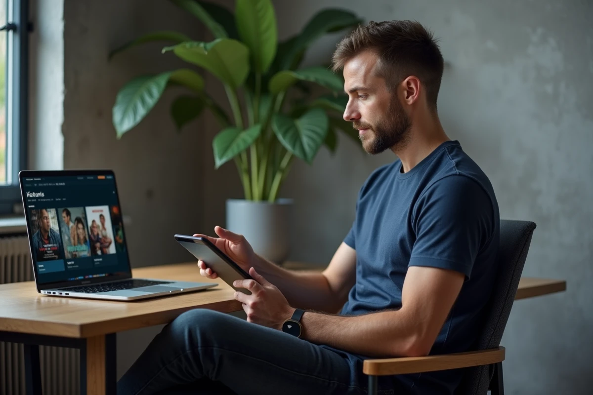 Homem consultando um catálogo de filmes em um tablet digital em um escritório em casa