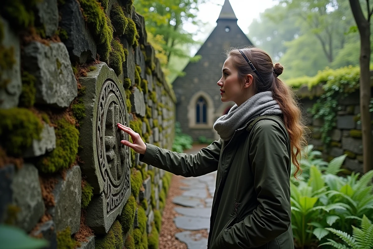 Jeune femme explore un chemin ancien près d