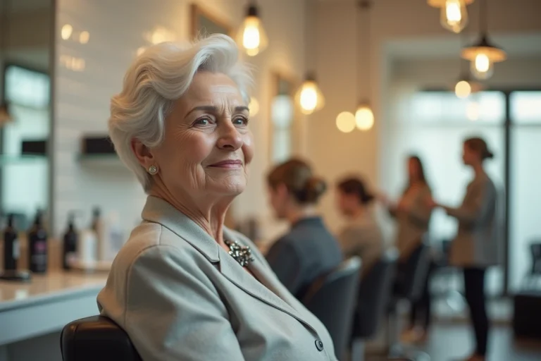 Femme de 70 ans avec une coiffure courte élégante dans un salon de coiffure moderne