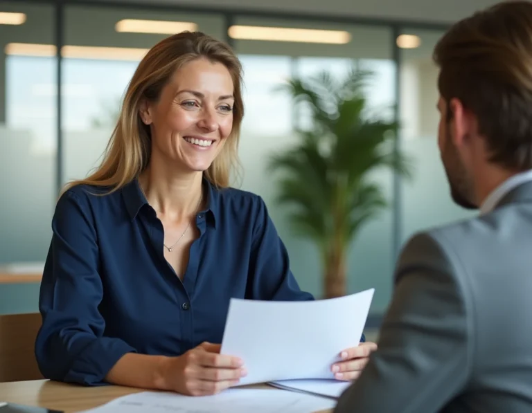 Conseillère Matmut Ociane mutuelle expliquant les garanties santé à une assurée dans un bureau moderne