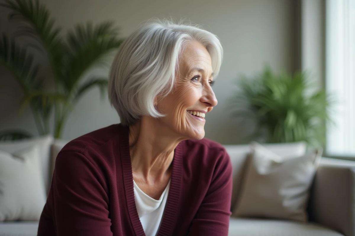 Femme de 70 ans avec une coupe courte dégradée argentée dans un salon contemporain