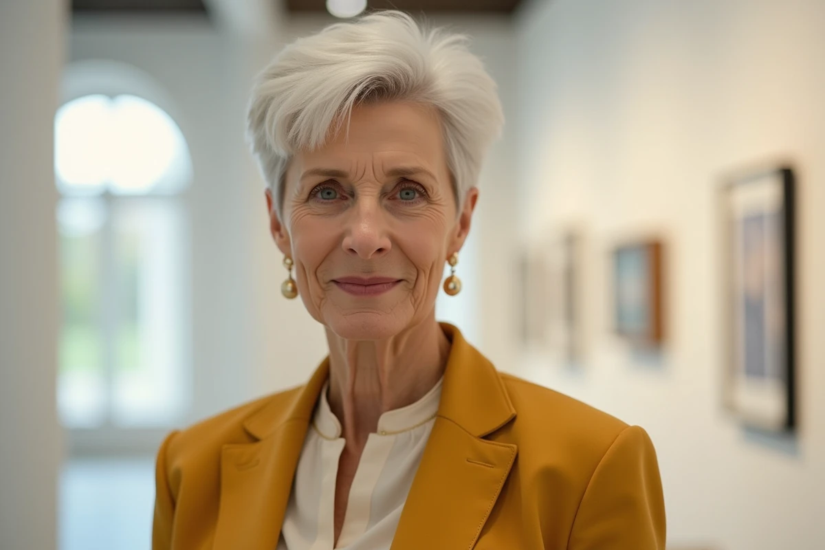 Femme de 70 ans avec une coupe courte à fort volume sur le dessus dans une galerie d'art