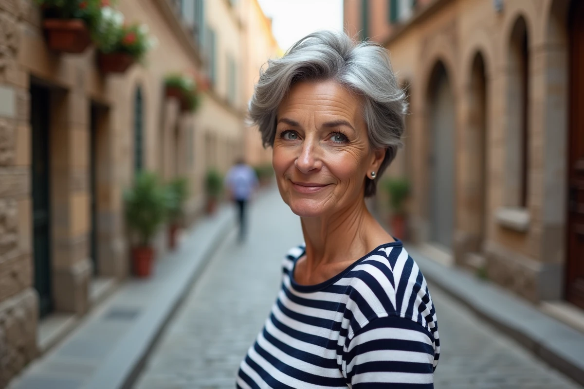 Femme de 70 ans avec une coupe garçonne texturée dans une rue pavée européenne
