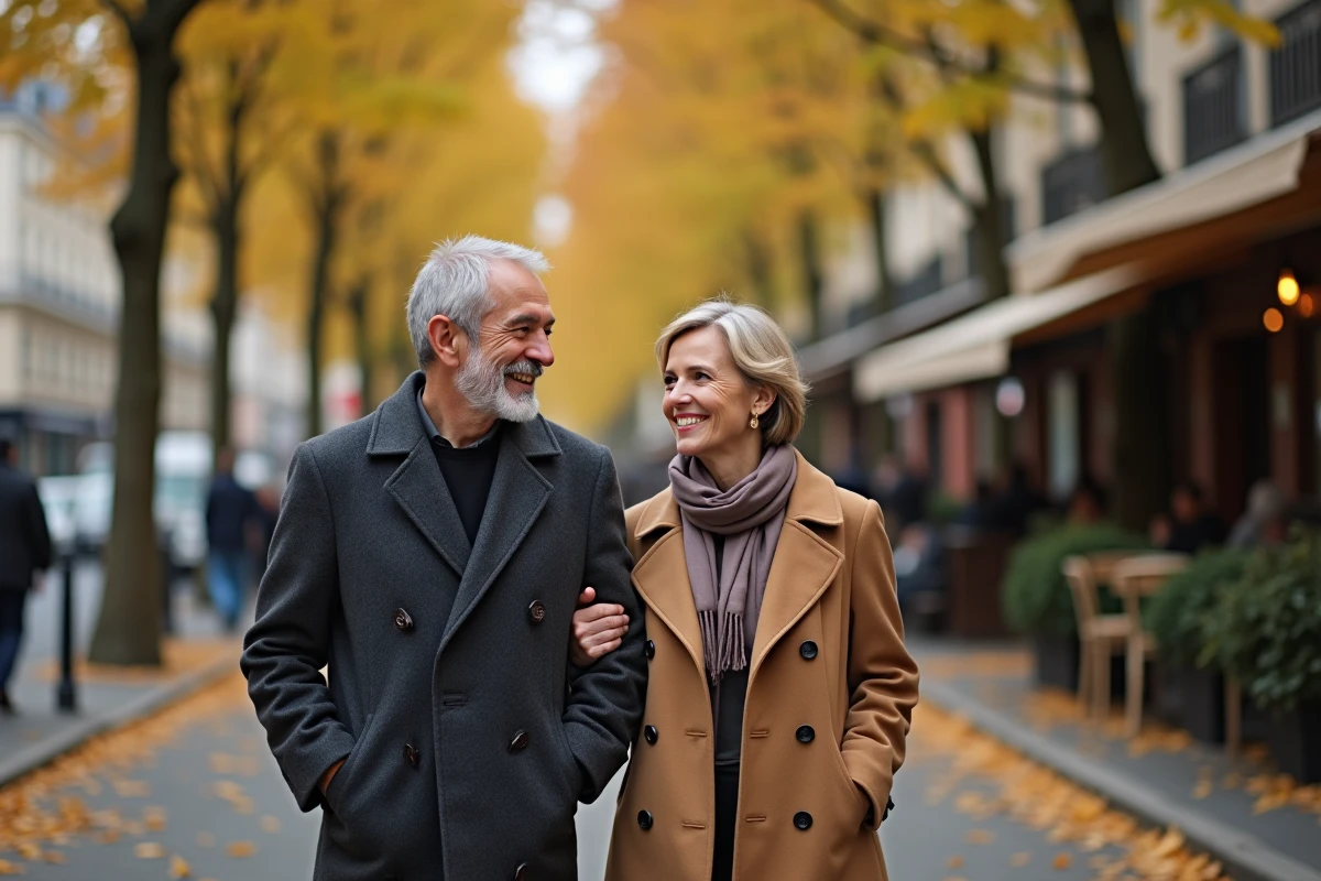 Couple élégant se promenant sur un boulevard parisien en automne, illustrant la vie privée et la relation sentimentale d'un auteur célèbre