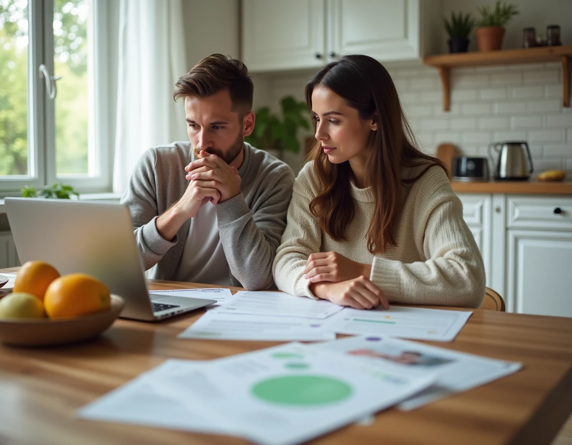 Couple étudiant les services et avantages de la mutuelle Matmut Ociane à domicile