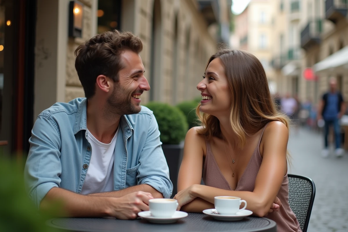 Couple complice attablé en terrasse de café dans une ville européenne, évoquant la vie amoureuse et les sorties en couple