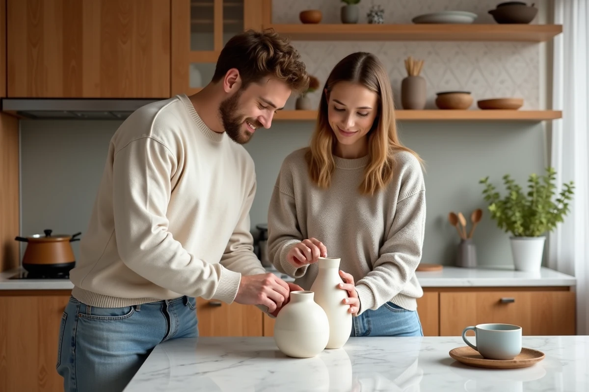 Jeune couple arrangeant des vases en cuisine moderne