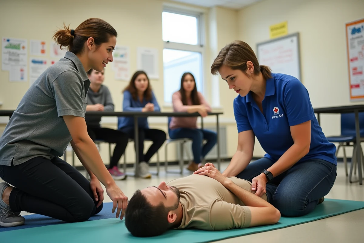 Groupe d'adultes en formation aux premiers secours observant une instructrice démontrer la position latérale de sécurité dans une salle communautaire