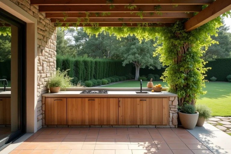 Cuisine d'été extérieure moderne avec plan de travail en pierre et pergola dans un jardin français