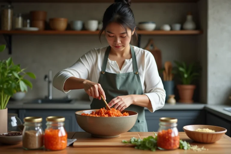 Femme asiatique préparant du kimchi dans une cuisine