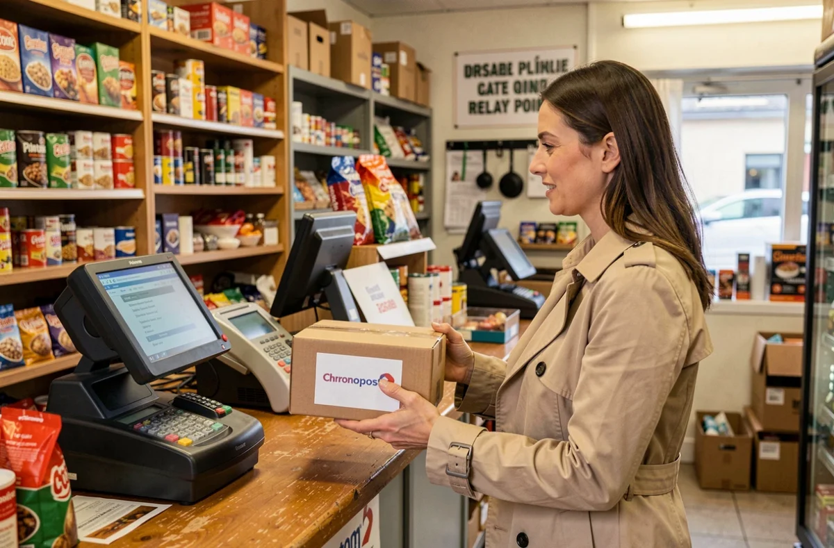 Femme déposant un colis Chronopost au comptoir d'un point relais en épicerie de quartier