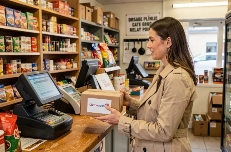 Femme déposant un colis Chronopost au comptoir d'un point relais en épicerie de quartier