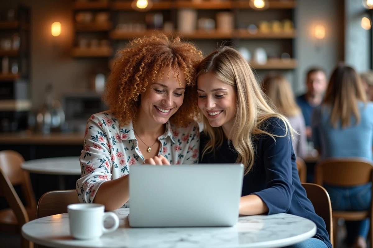 Two women exploring the Glamiz sitemap together in an urban café