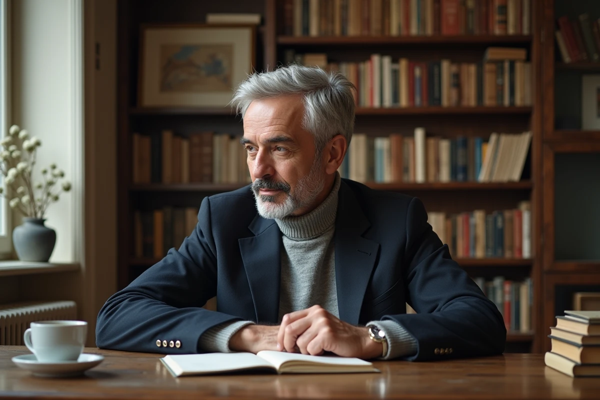 Portrait d'un écrivain distingué dans son appartement parisien entouré de livres et de manuscrits, évoquant l'univers intime d'Eric-Emmanuel Schmitt