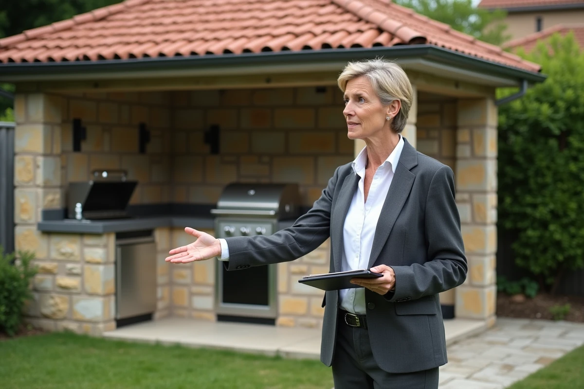Évaluatrice fiscale inspectant une cuisine d'été couverte en maçonnerie lors d'une visite cadastrale