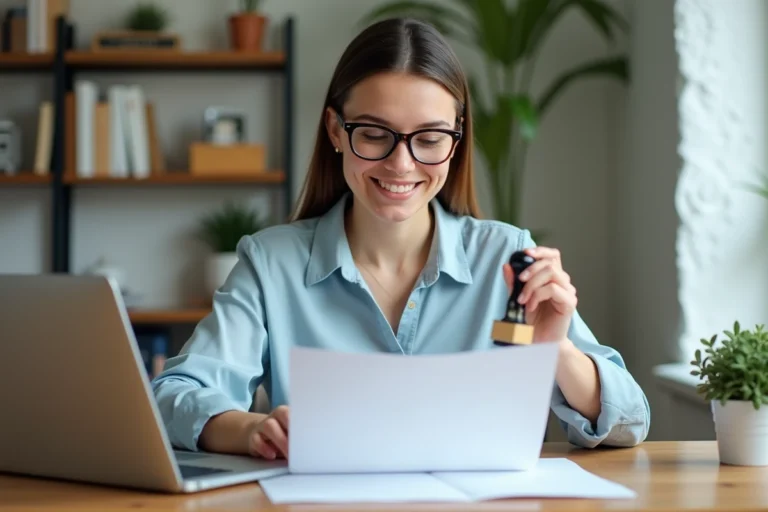 Femme souriante avec tampon dans un bureau moderne