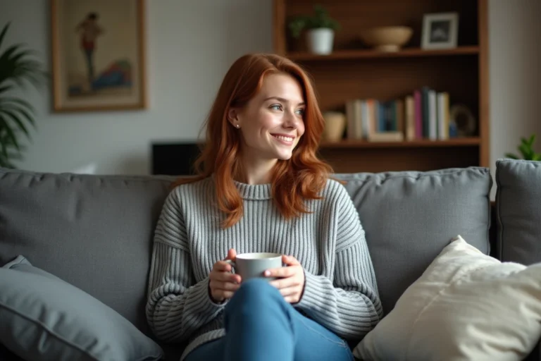 Femme souriante assise dans un salon cosy avec mug chaud