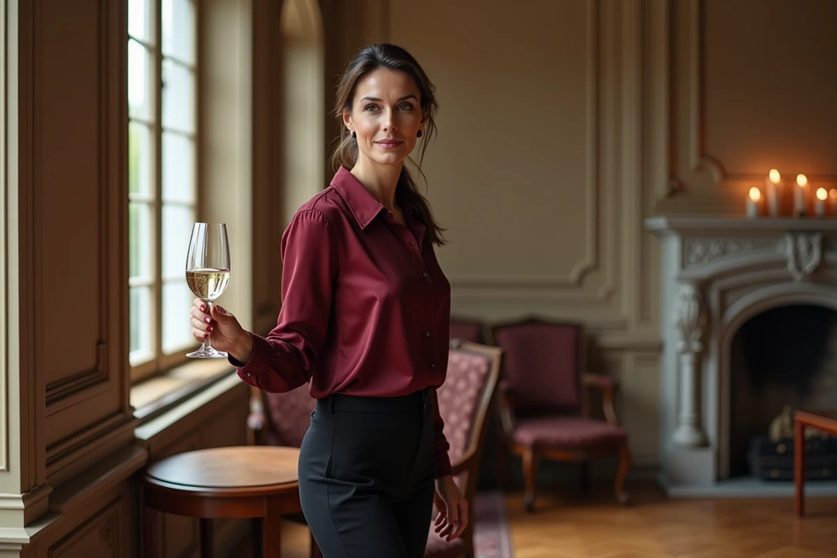 Femme élégante et sereine dans un salon parisien raffiné, évoquant le portrait de la compagne discrète d'un grand auteur contemporain
