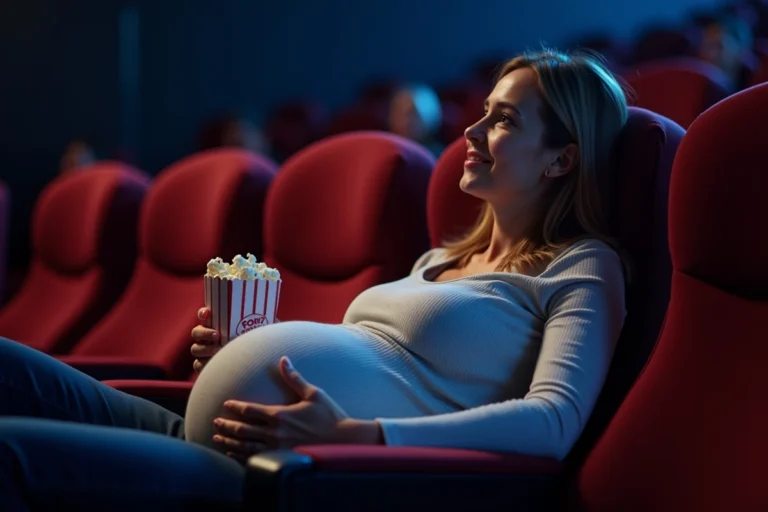 Femme enceinte de 7 mois installée confortablement dans un fauteuil de cinéma avec du popcorn, regardant le film sereinement