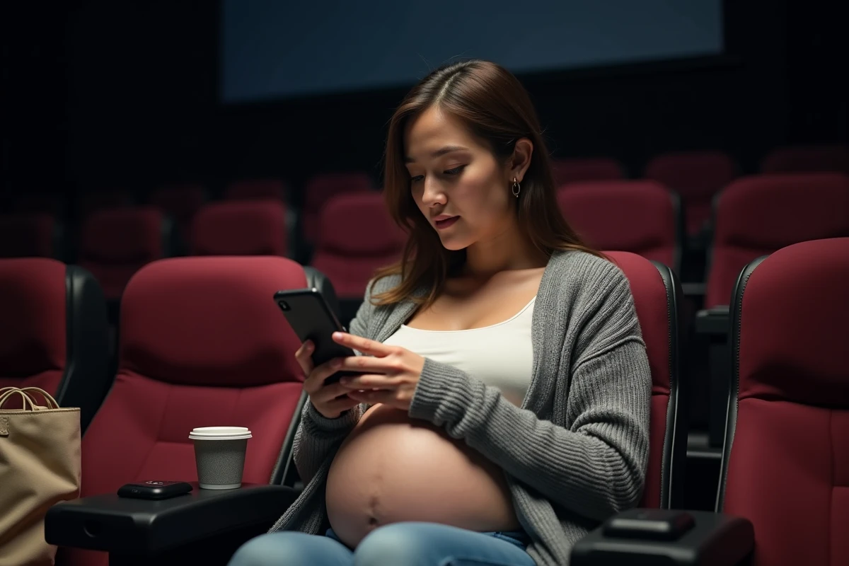 Femme enceinte de 6 mois consultant son téléphone dans un cinéma pour préparer sa séance en toute sérénité