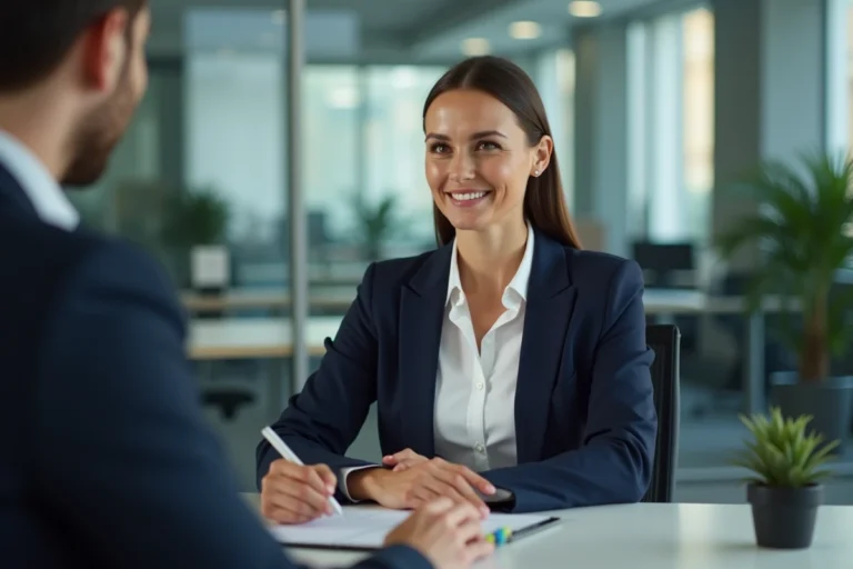 Femme professionnelle exprimant ses attentes lors d'un entretien de formation dans un bureau moderne
