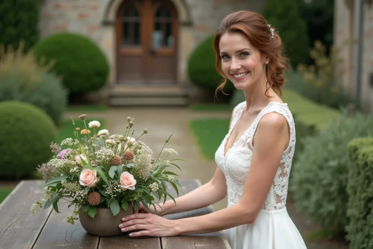 Femme souriante en robe de mariée arrangeant un centre de fleurs sauvages