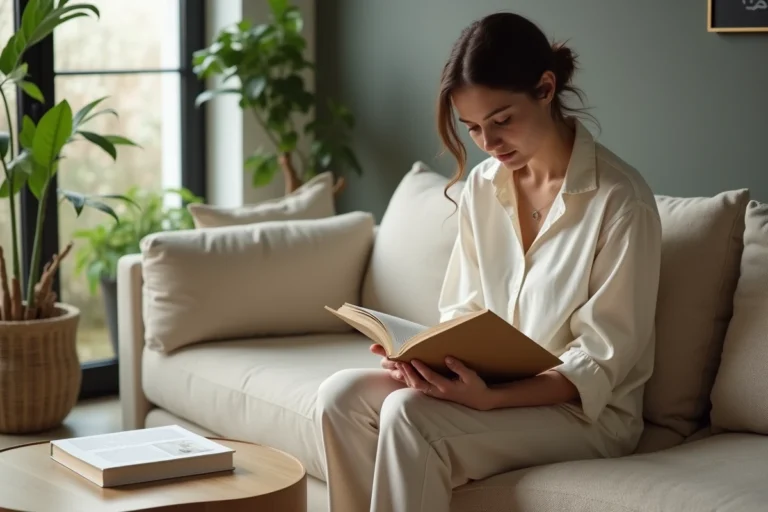 Femme élégante dans un salon lumineux avec décor moderne