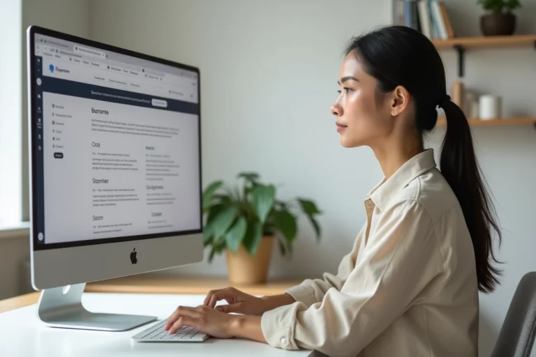 Femme naviguant sur le plan du site Glamiz depuis un bureau à domicile moderne