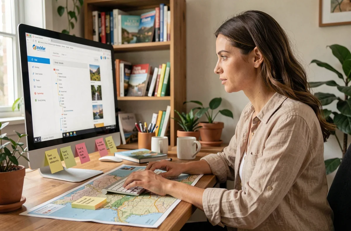 Femme organisant une page sitemap de site de voyage sur un écran d'ordinateur dans un bureau à domicile