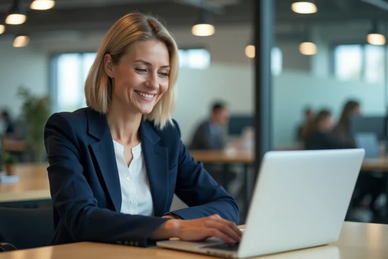 Femme professionnelle consultant un annuaire en ligne d'entreprises sur son ordinateur portable au bureau