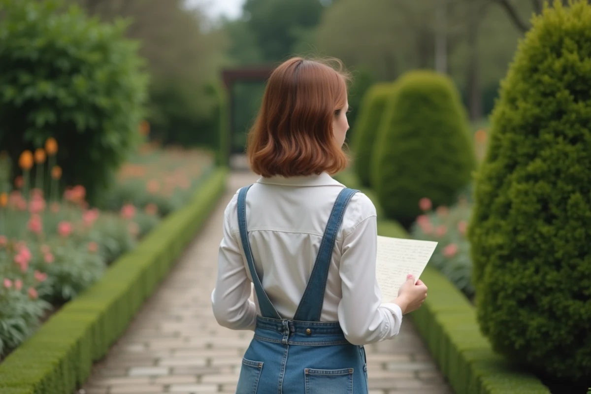 Jeune femme marche dans un jardin avec lettre à la main
