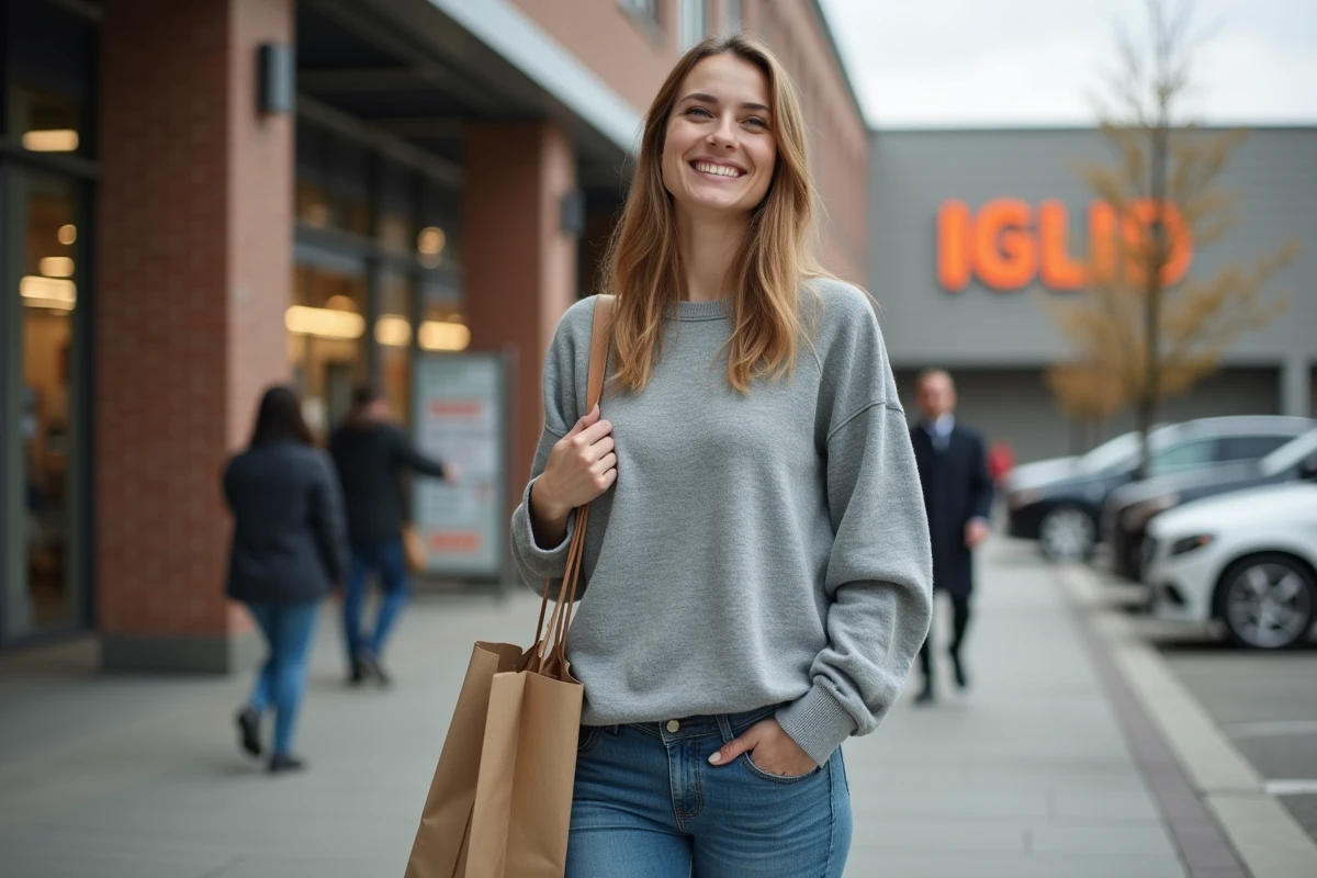 Femme souriante avec sac en dehors d
