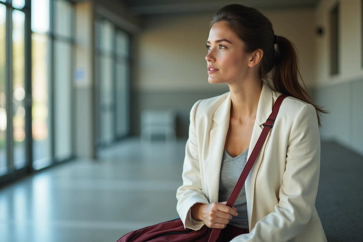 Femme sportive en blazer crème dans le hall d'un complexe sportif moderne, portrait éditorial évoquant la personnalité publique d'une joueuse de tennis