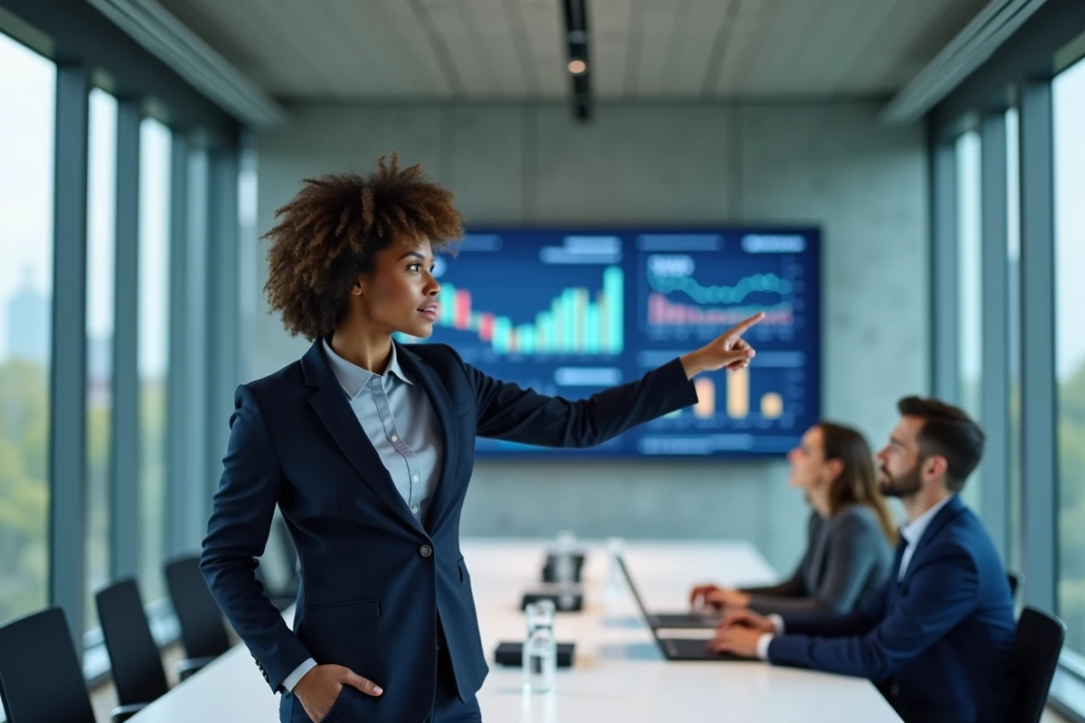 Femme cadre présentant une stratégie d'investissement financier en salle de réunion