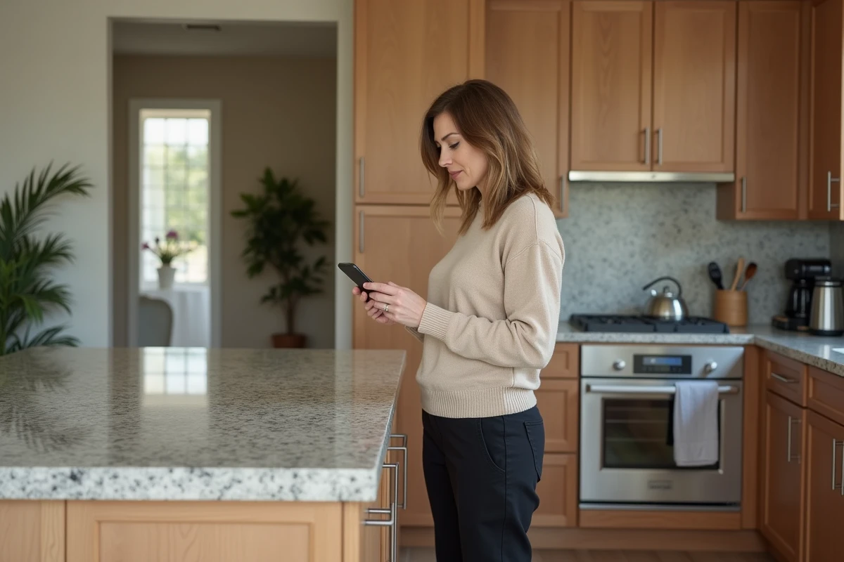 Femme utilisant son smartphone pour contrôler la maison connectée