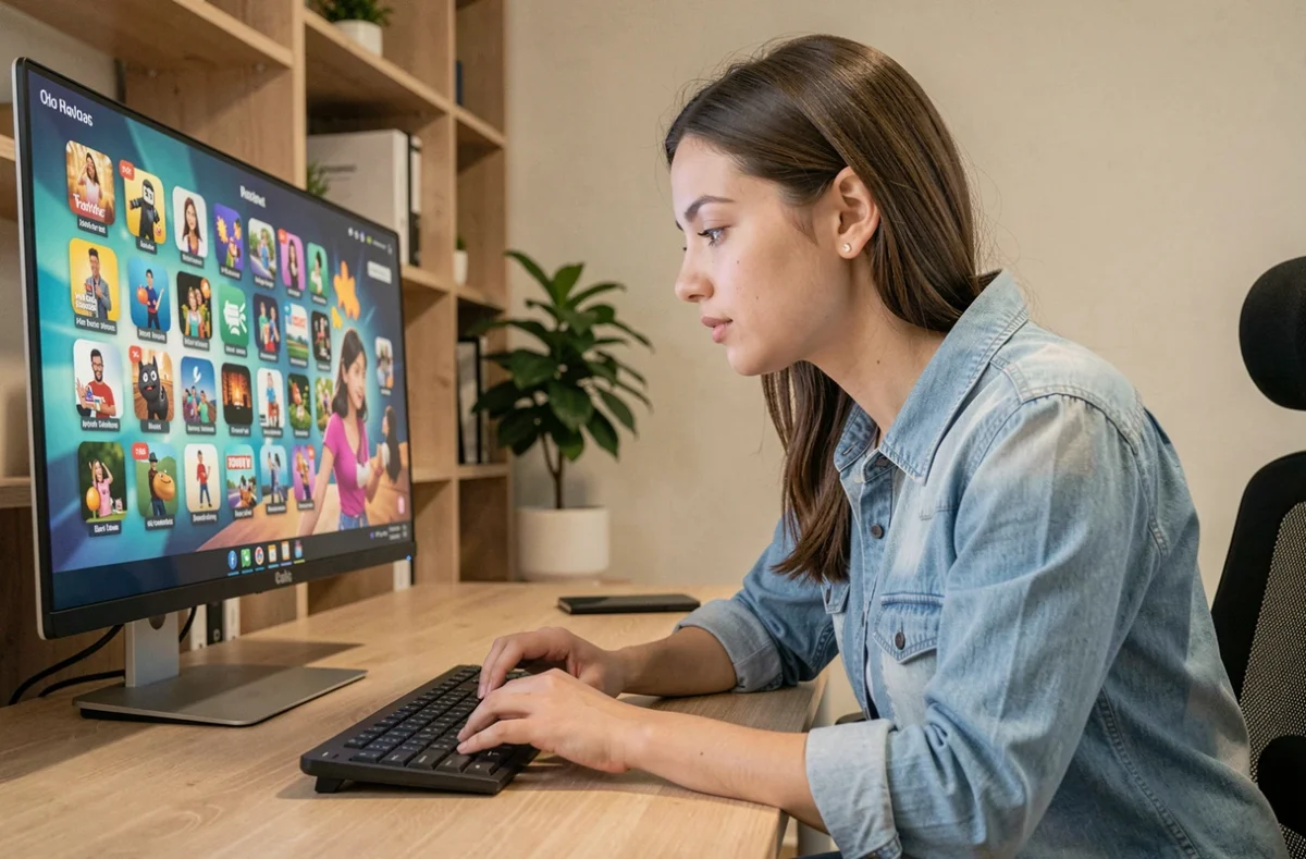 Jeune femme parcourant des sites de téléchargement de gifs animés sur son ordinateur dans un bureau moderne