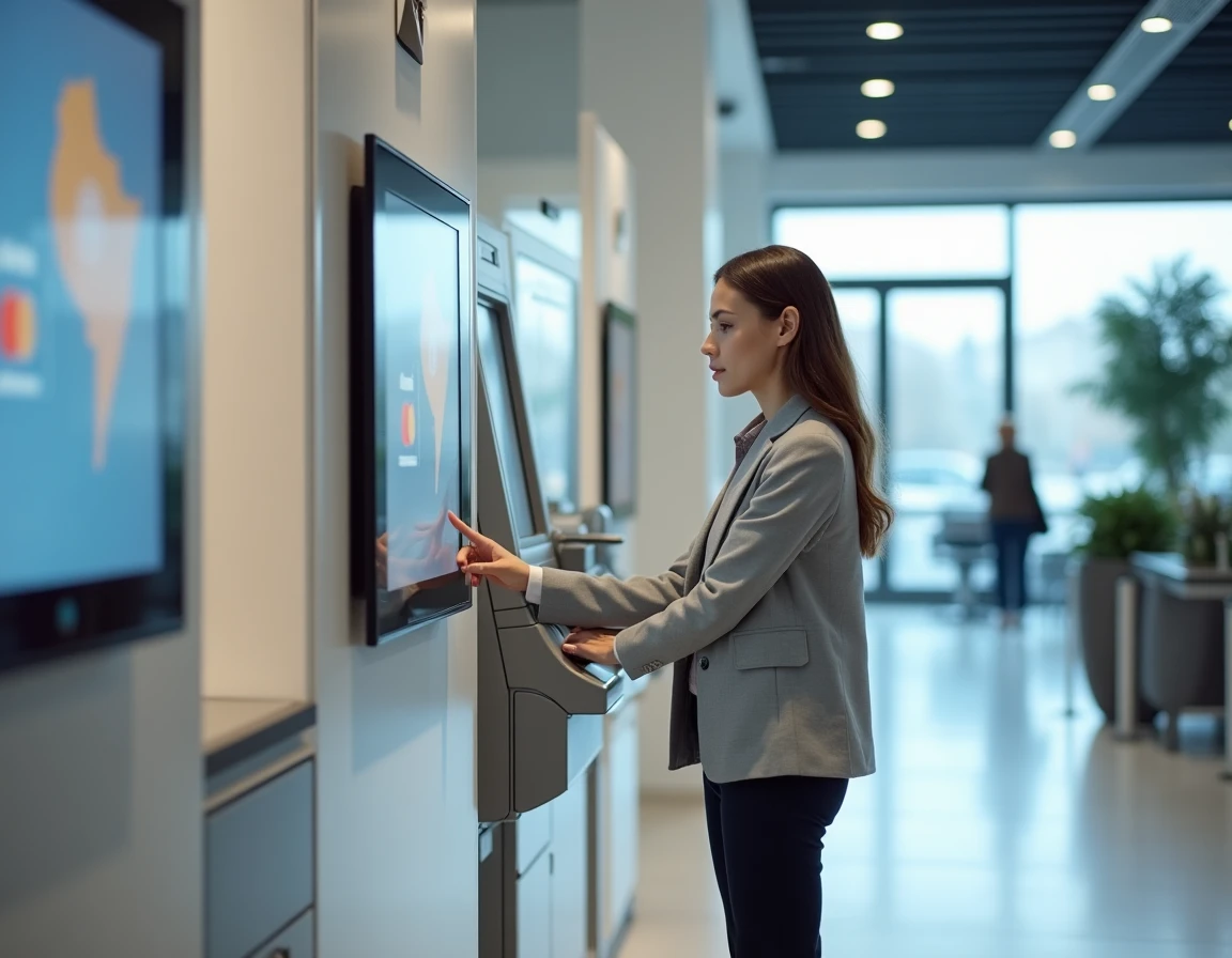 Jeune femme utilisant un terminal bancaire en libre-service dans une agence française, en lien avec les services du code banque 30003