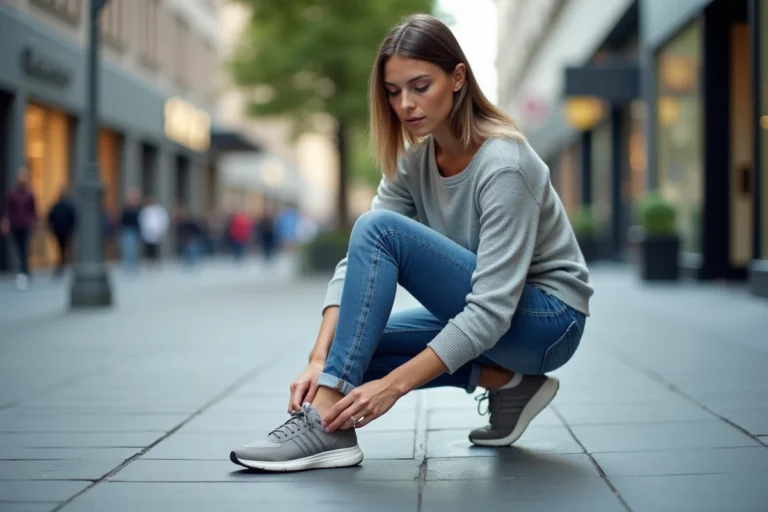 Femme en ville ajustant ses chaussures décontractées