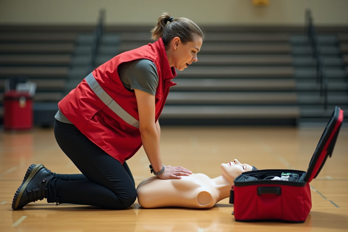 Femme bénévole en gilet de secouriste effectuant un massage cardiaque sur un mannequin lors d'une formation aux gestes de premier secours